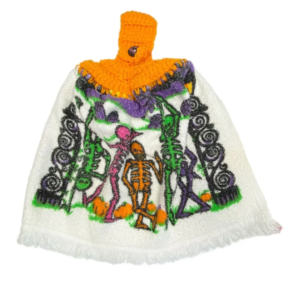 Handmade Crochet Top Halloween Towels Pumpkins Skeletons - Set of 2